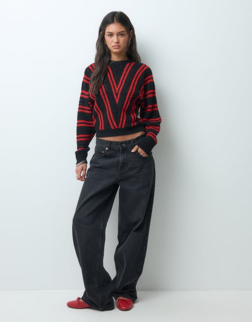 ASOS DESIGN long sleeve sweater with diagonal stripe in black and red, 3 of 5