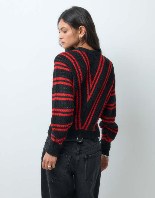 ASOS DESIGN long sleeve sweater with diagonal stripe in black and red, 4 of 5