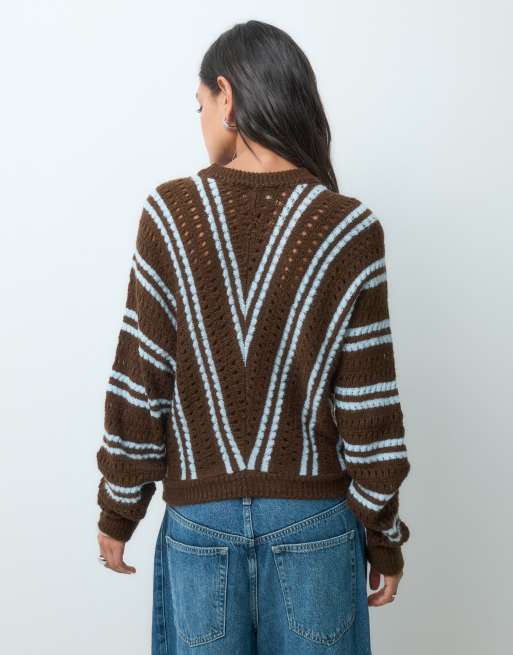 ASOS DESIGN long sleeve sweater with diagonal stripe in brown and blue, 5 of 5