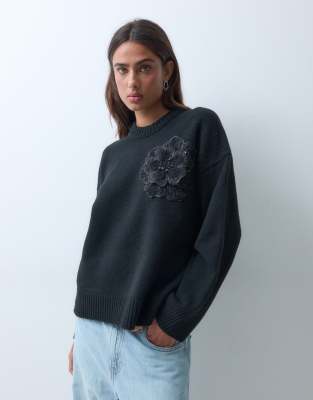 Asos Design Long Sleeve Sweater With Flower Embroidery Detail In Gray