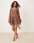 [ASOS DESIGN] ASOS DESIGN long sleeve sweetheart neckline frilly mini dress in mocha-Purple 8 Mocha
