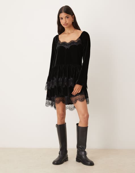 ASOS DESIGN long sleeve sweetheart neckline mini dress in black velvet - view 1
