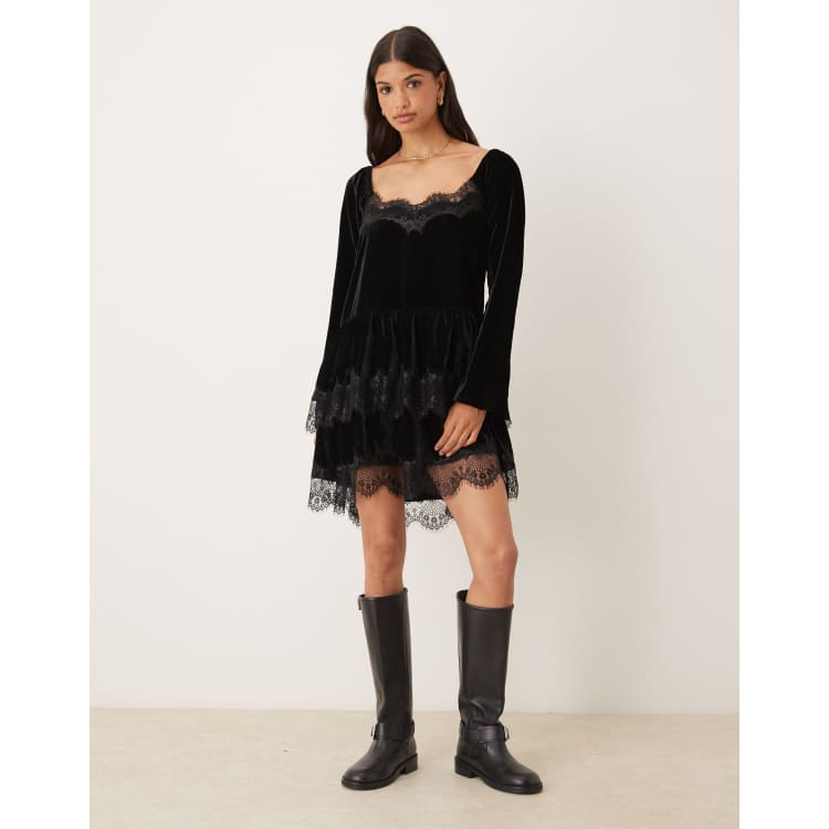 ASOS DESIGN long sleeve sweetheart neckline mini dress in black velvet |  ASOS