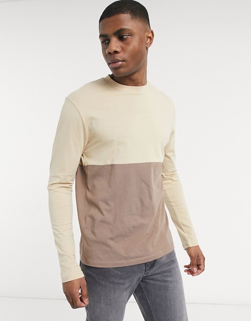 ASOS DESIGN long sleeve t-shirt in beige colour block