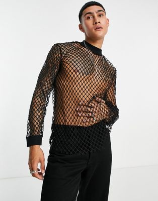 ASOS DESIGN long sleeve t-shirt in black mesh with high neck | ASOS