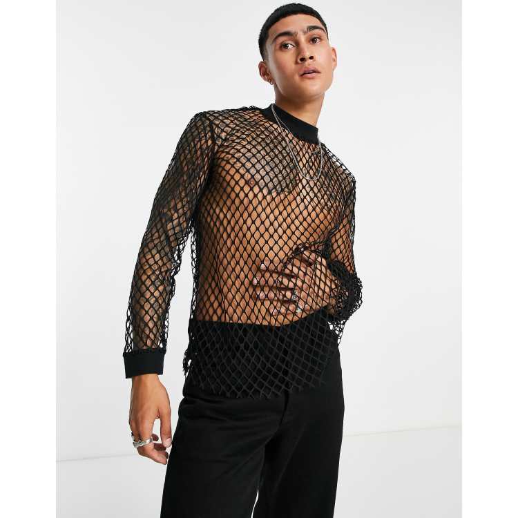 ASOS DESIGN long sleeve t-shirt in black mesh with high neck