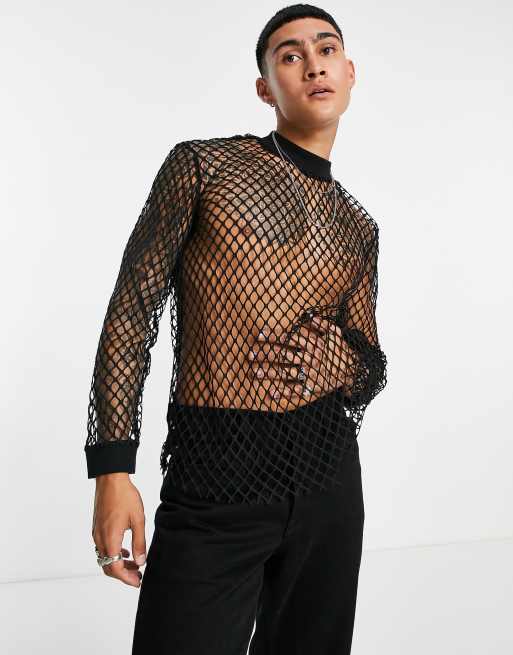 ASOS DESIGN long sleeve t-shirt in black mesh with high neck