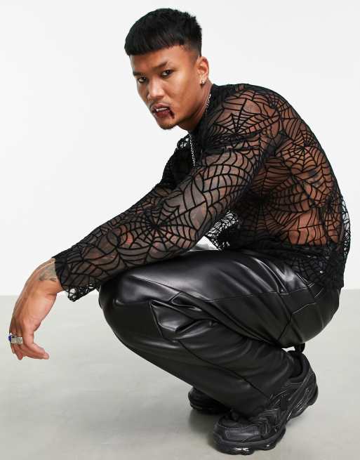 ASOS DESIGN long sleeve t-shirt in black spiderweb mesh