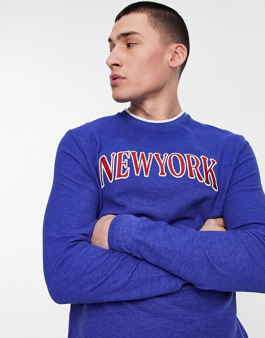 ASOS DESIGN long sleeve T-shirt in blue waffle with New York city print