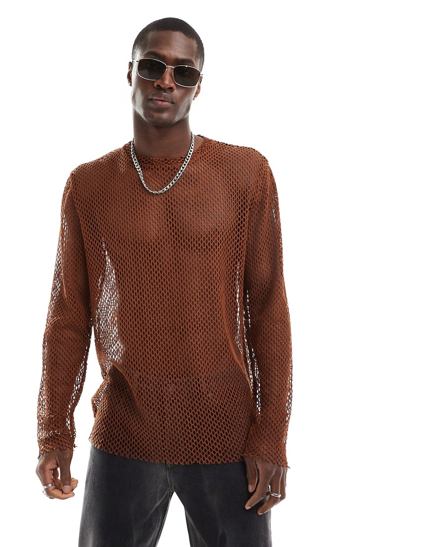ASOS DESIGN long sleeve t-shirt in brown open mesh