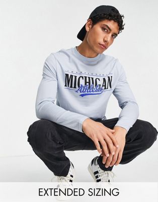 ASOS DESIGN long sleeve t-shirt in light blue with Michigan front print