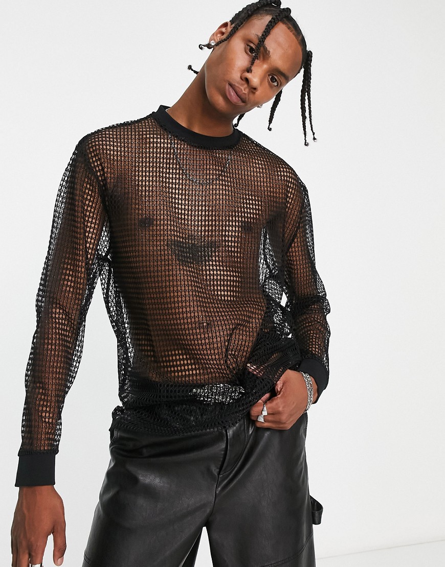 ASOS DESIGN long sleeve t-shirt in metallic mesh-Black