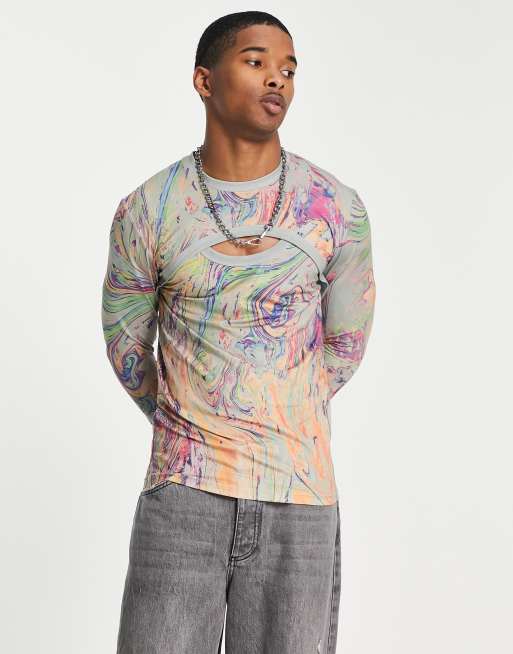 ASOS DESIGN long sleeve T-shirt in multi color texture with front cut out