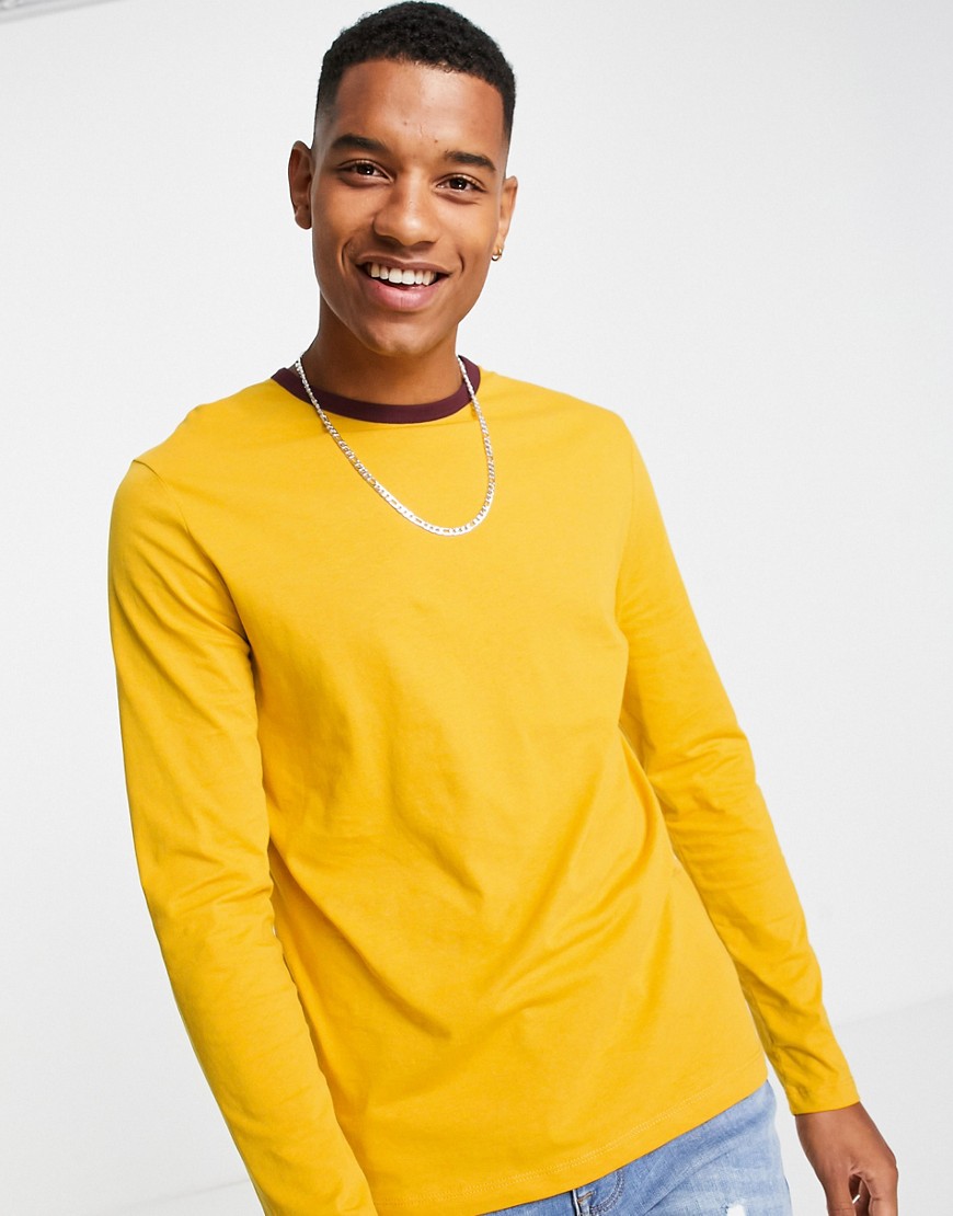 ASOS DESIGN long sleeve t-shirt in mustard with contrast ringer in burgundy-Yellow