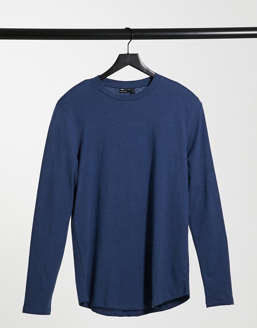 ASOS DESIGN long sleeve T-shirt in navy nepp fabric-Blue