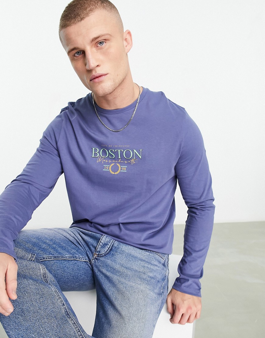 Asos Design Long Sleeve T-shirt In Navy With Boston Print