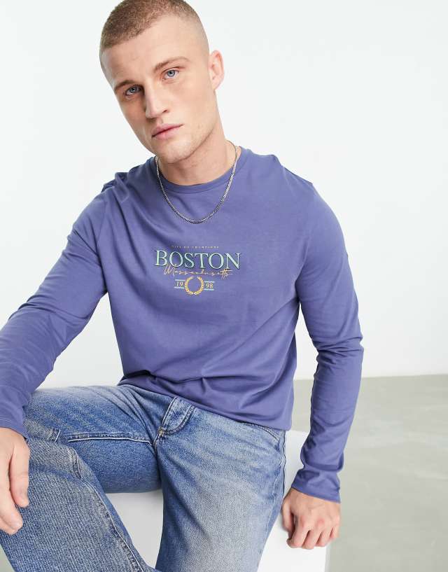 ASOS DESIGN - long sleeve t-shirt in navy with boston print