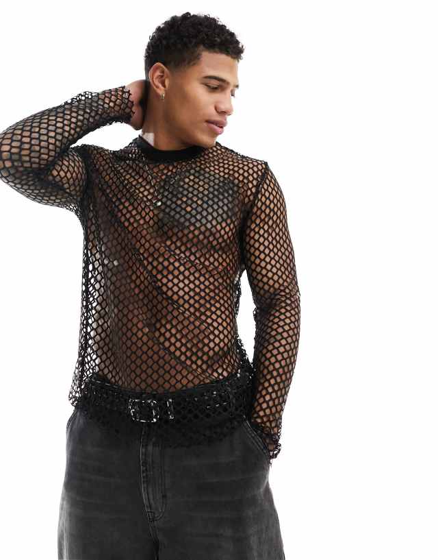 ASOS DESIGN long sleeve t-shirt in open mesh in black | ASOS