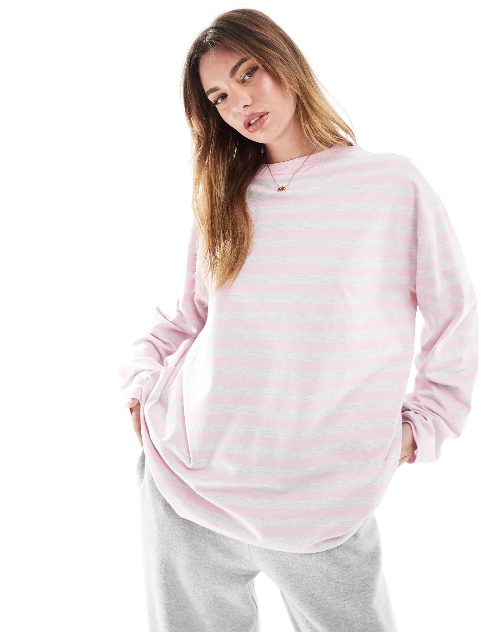 asos design long sleeve t-shirt in pink stripe