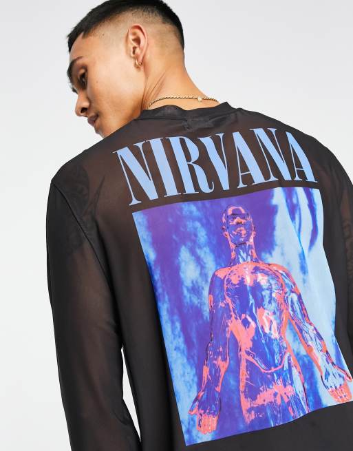 ASOS DESIGN long sleeve T-shirt in power mesh with Nirvana print