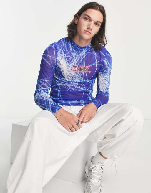 ASOS DESIGN long sleeve t shirt in power mesh with Yu Gi Oh print