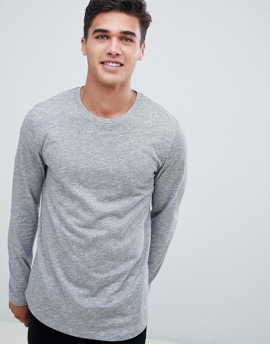 ASOS DESIGN long sleeve t-shirt in twisted jersey textured fabric with curved hem in grey