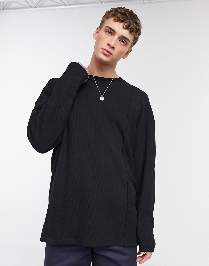 ASOS DESIGN long sleeve t-shirt in waffle in black-Blue