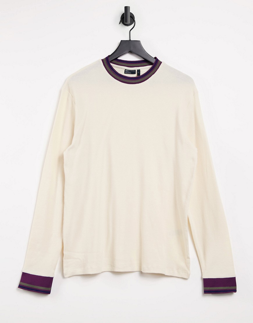 ASOS DESIGN long sleeve t-shirt in waffle with tipping in beige-Neutral