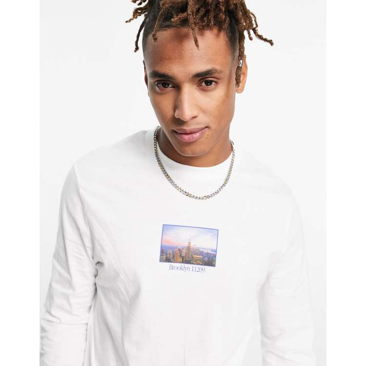 ASOS Design Long Sleeve T-Shirt in Blue Waffle with New York City Print