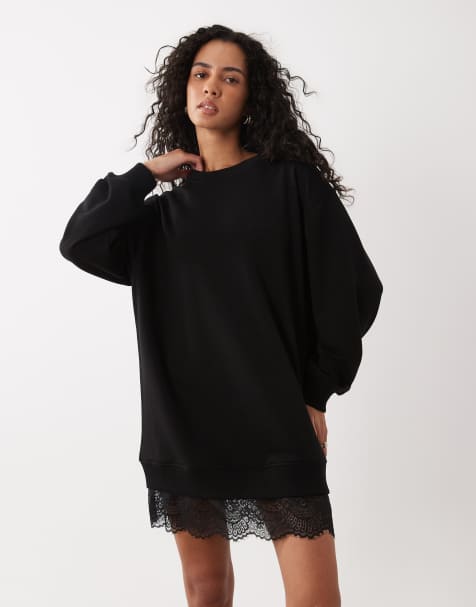 ASOS DESIGN long sleeve T-shirt mini dress with lace in black - view 1