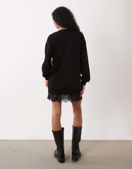 ASOS DESIGN long sleeve t-shirt mini dress with lace in black, 2 of 4
