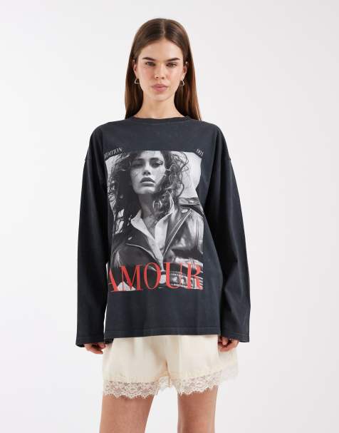 ASOS DESIGN long sleeve t-shirt with amour magazine graphic in charcoal - view 1