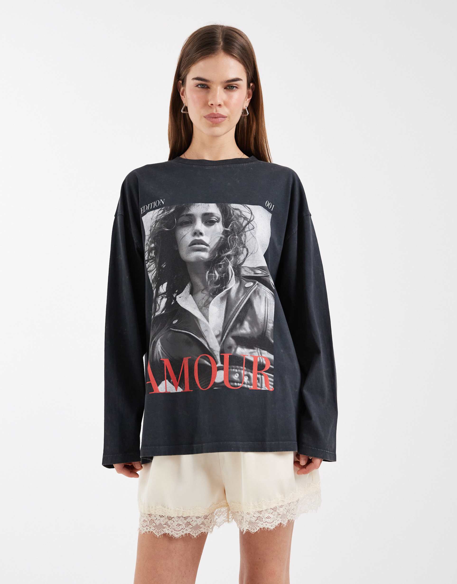 asos design long sleeve t-shirt with amour magazine graphic in charcoal