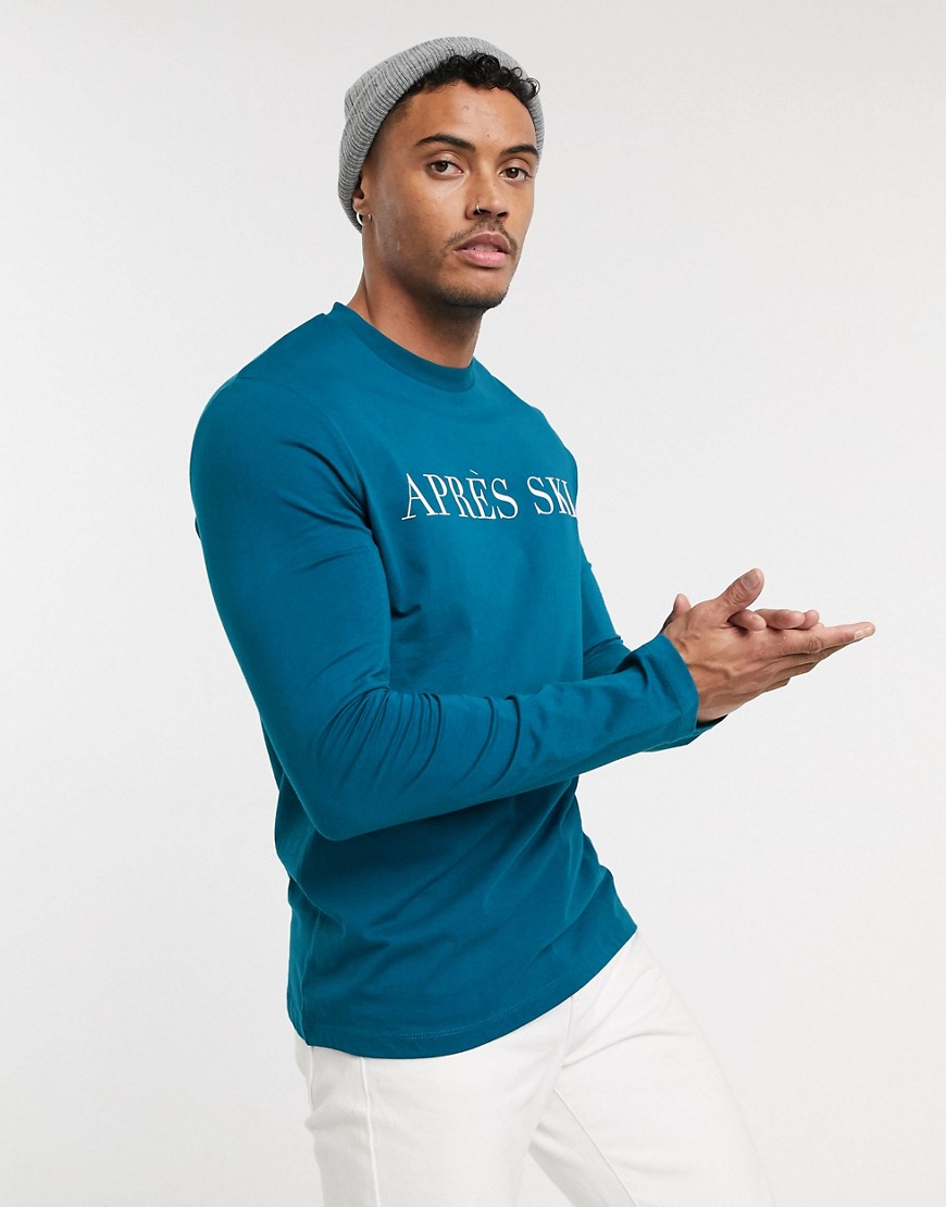 ASOS DESIGN long sleeve t-shirt with après ski print-Blue