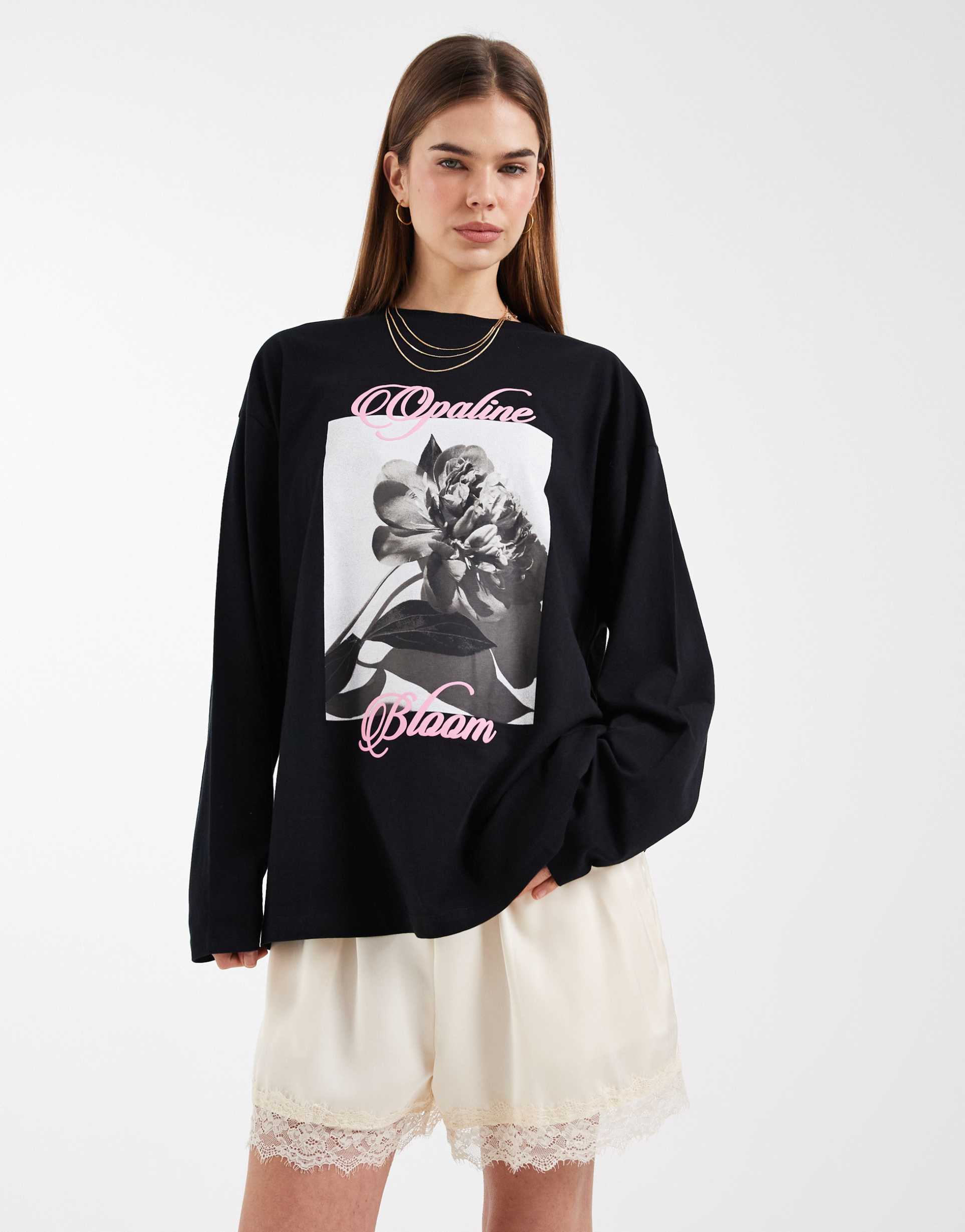 asos design long sleeve t-shirt with bloom graphic in black