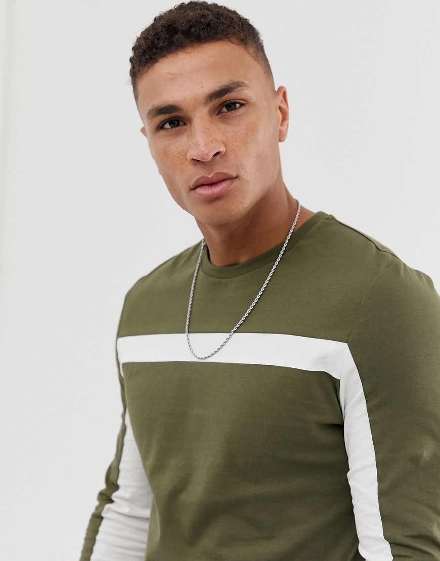 ASOS DESIGN long sleeve t-shirt with colour block panels in green