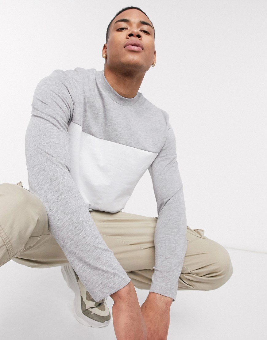 ASOS DESIGN long sleeve t-shirt with contrast panel in gray marl