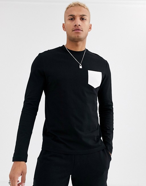 ASOS DESIGN long sleeve t-shirt with contrast pocket in black
