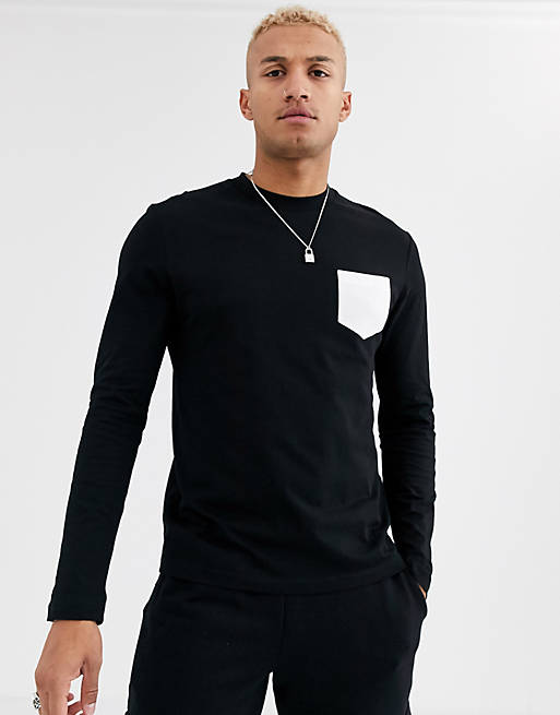 ASOS DESIGN long sleeve t-shirt with contrast pocket in black | ASOS