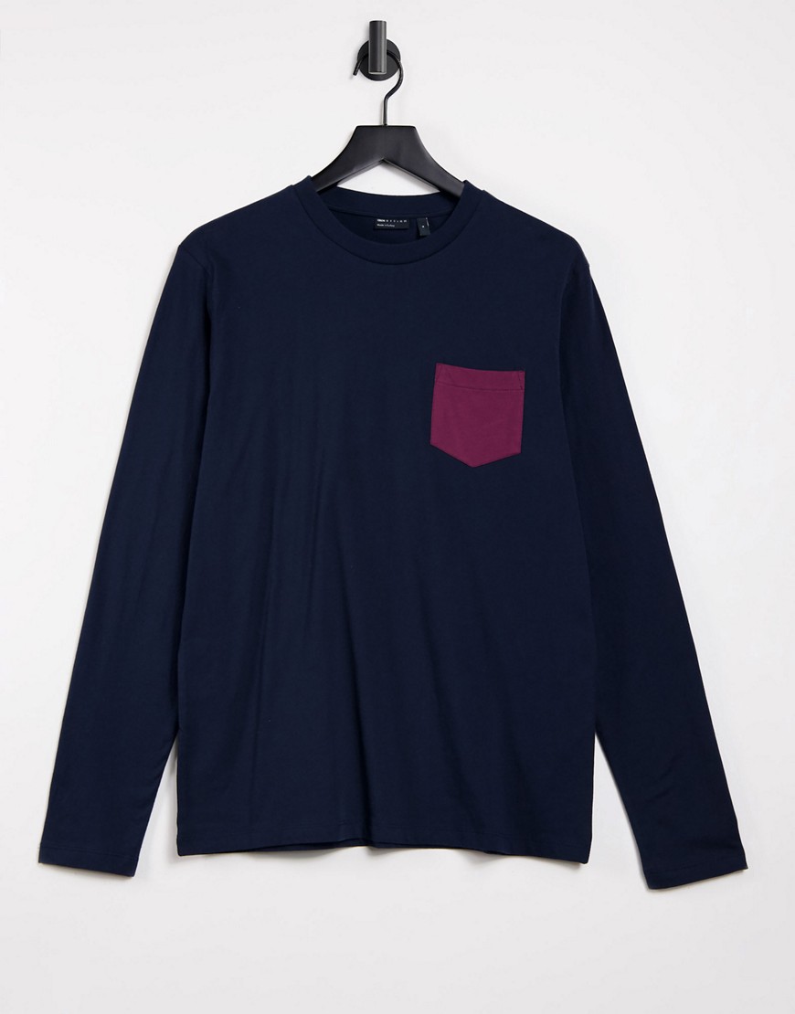 ASOS DESIGN long sleeve t-shirt with contrast pocket-Navy