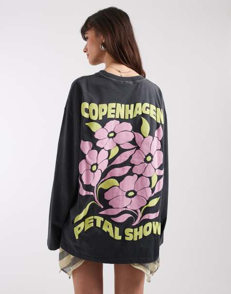 ASOS DESIGN long sleeve t-shirt with Copenhagen graphic in washed charcoal - view 1