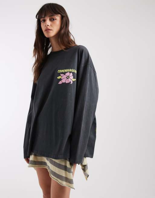 ASOS DESIGN long sleeve T-shirt with Copenhagen graphic in washed charcoal, 2 of 4