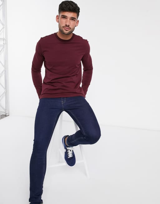 ASOS DESIGN long sleeve t-shirt with crew neck in burgundy