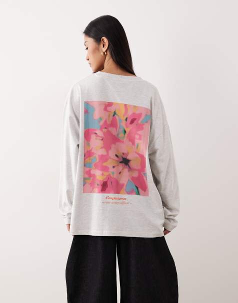 ASOS DESIGN long sleeve T-shirt with floral graphic in ice heather - view 1