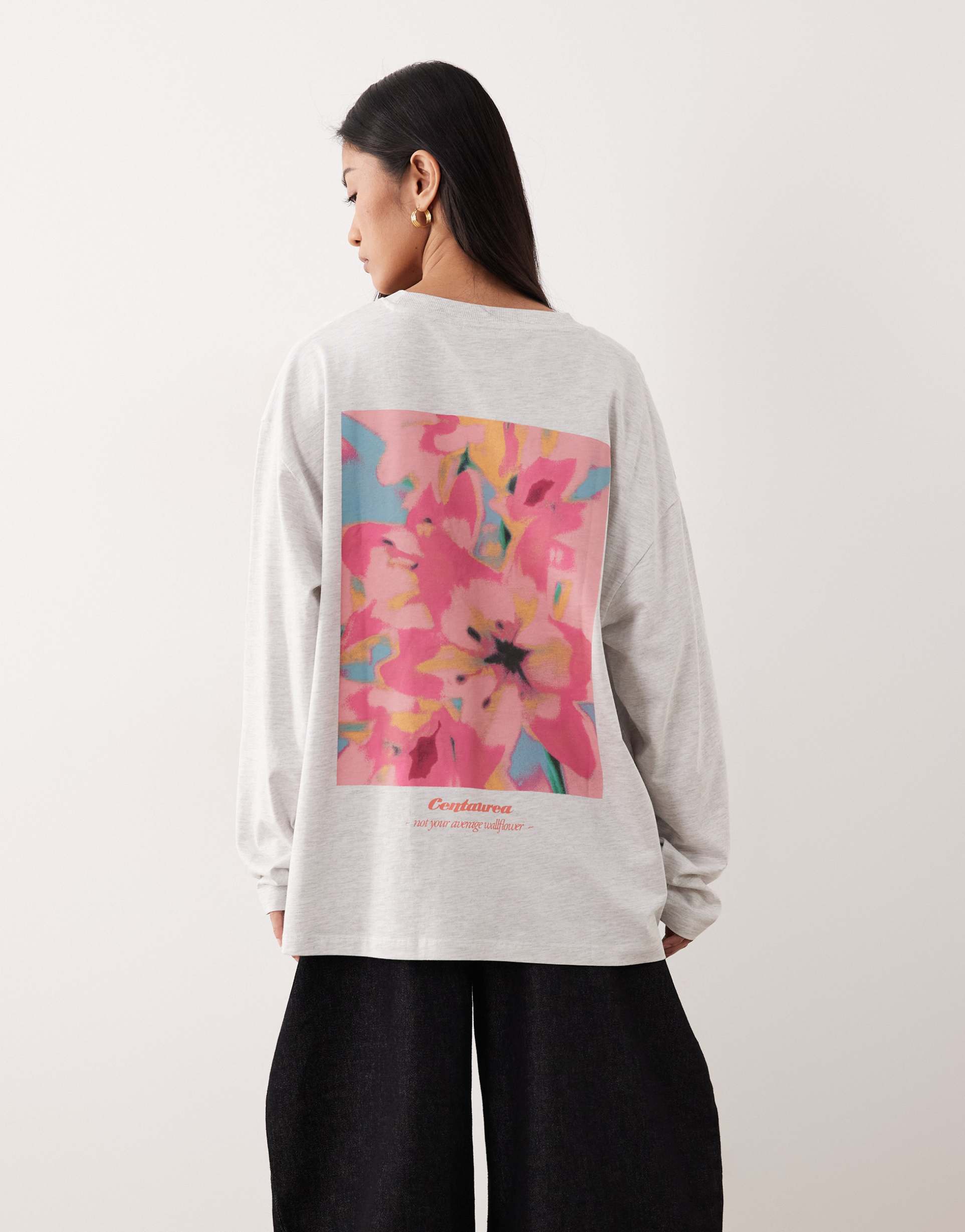 asos design long sleeve t-shirt with floral graphic in ice heather