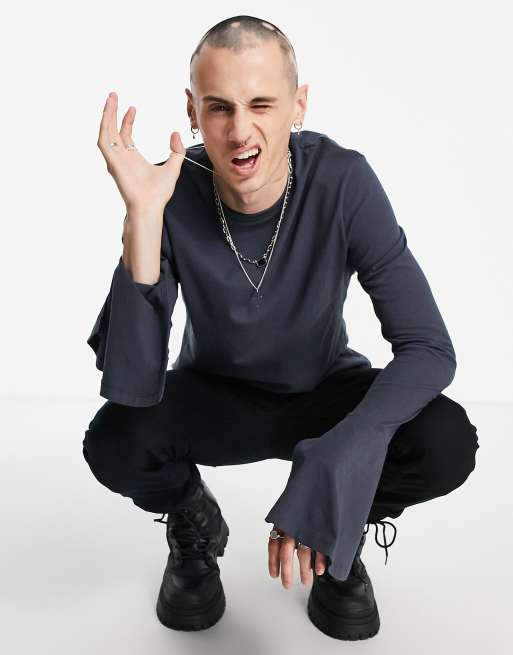 ASOS DESIGN long sleeve t-shirt with flute sleeve in washed black