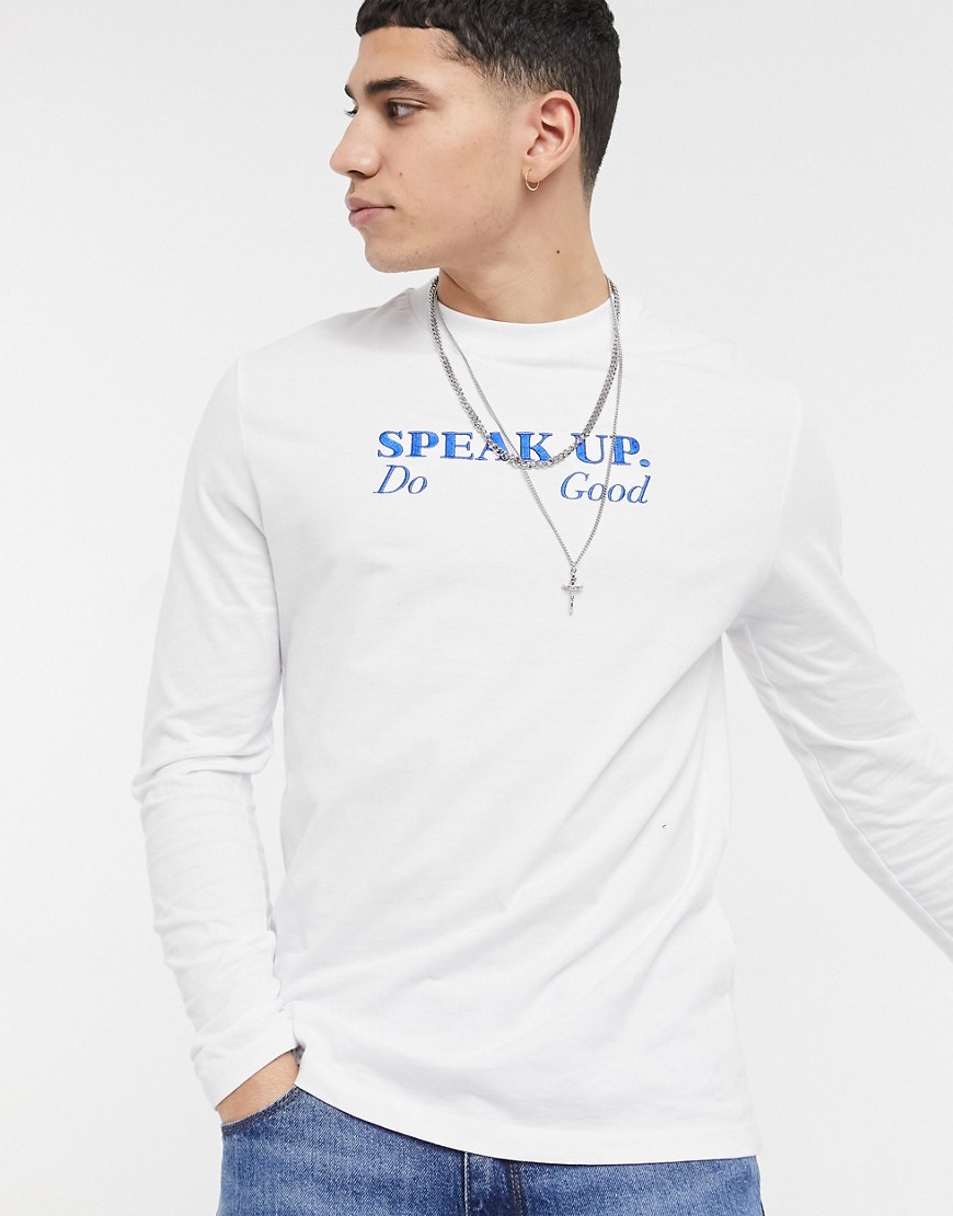 ASOS DESIGN long sleeve t-shirt with front wellness embroidery in blue-White