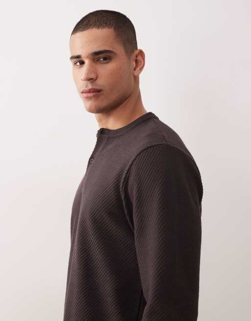 ASOS DESIGN long sleeve t-shirt with henley neck in brown texture  , 4 of 5