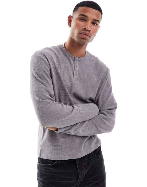 ASOS DESIGN long sleeve t shirt with henley neck in gray with grunge back print