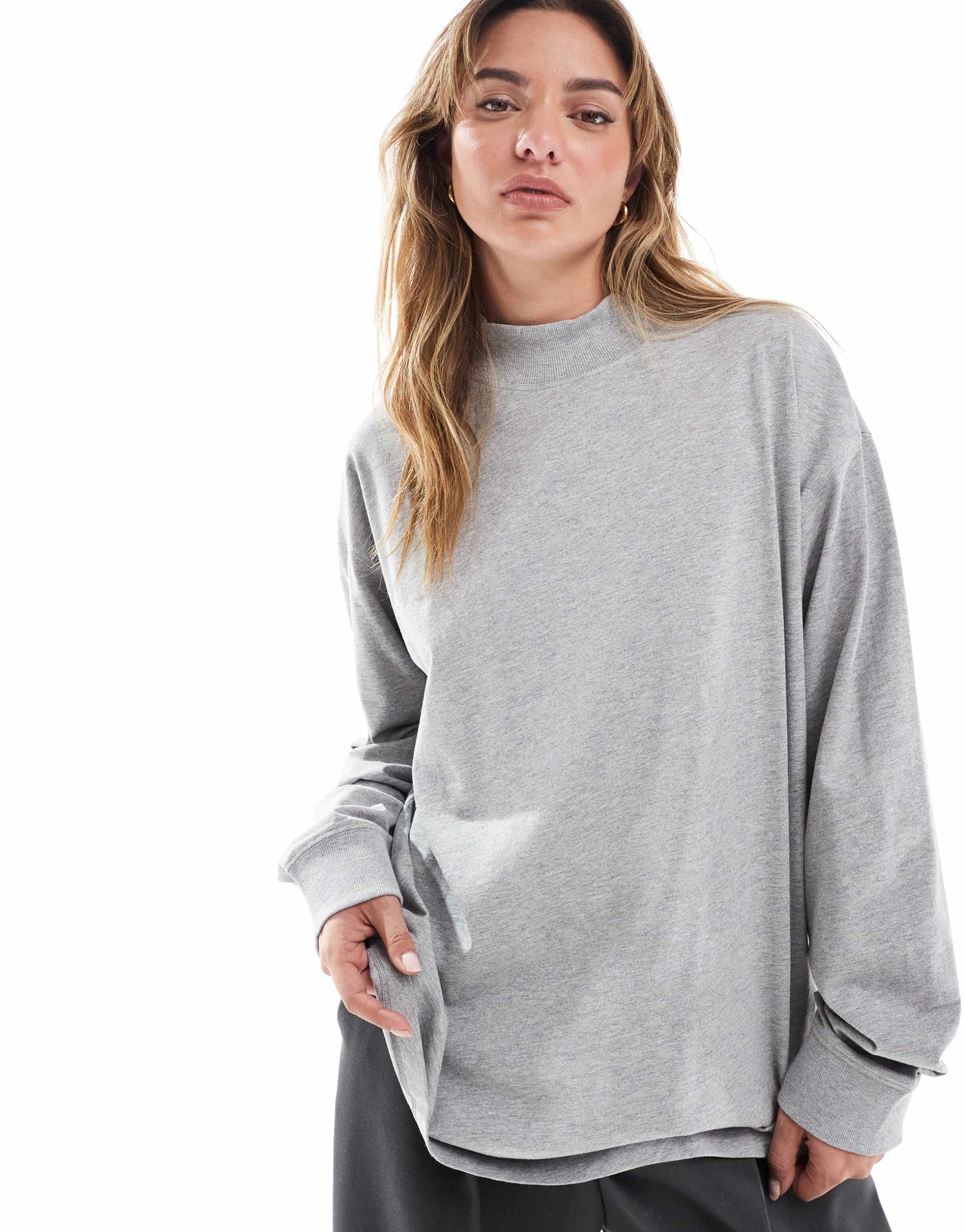 asos design long sleeve t-shirt with high neck in gray heather